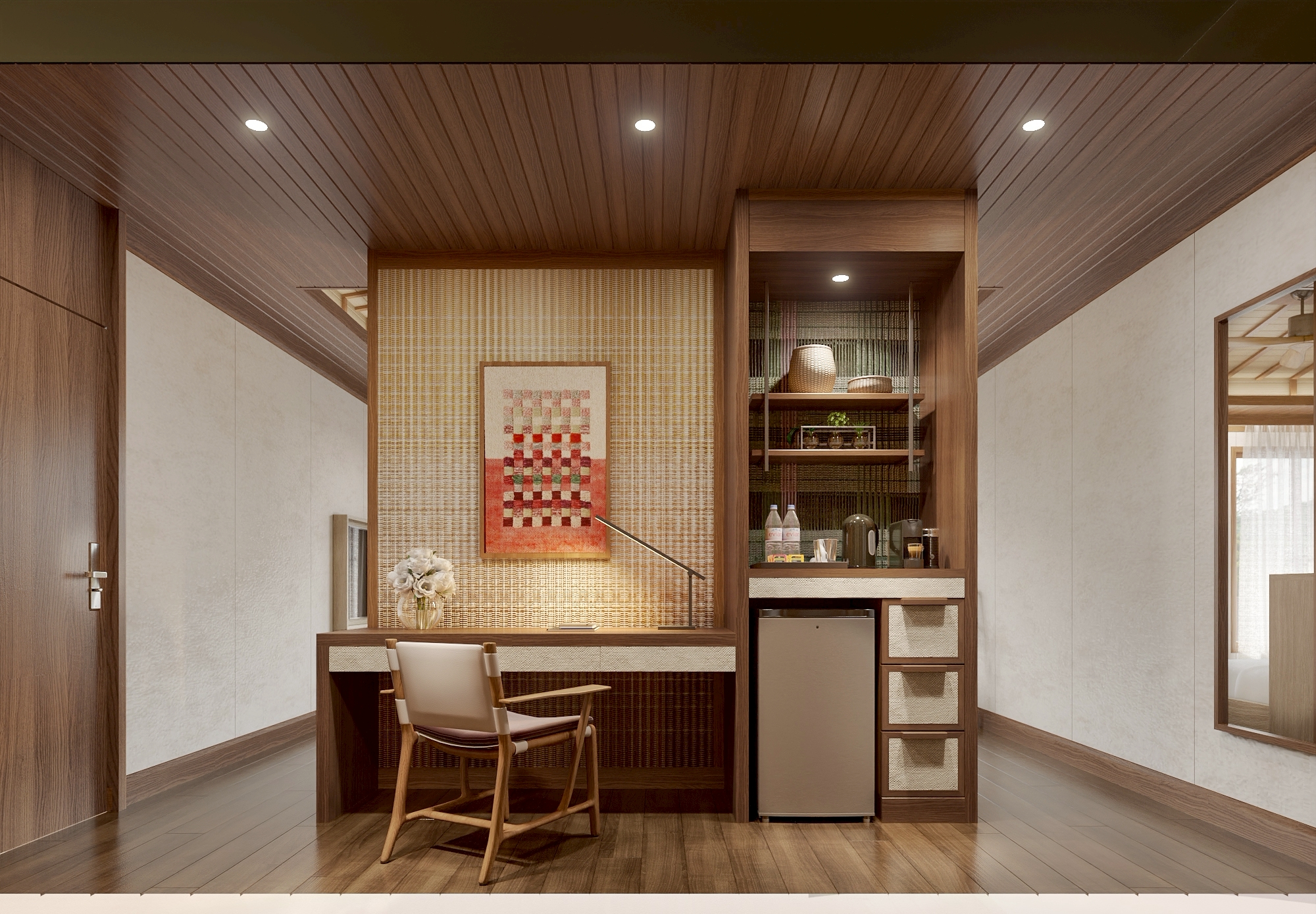 Entry desk with woven wall panel and minibar in a floating villa
