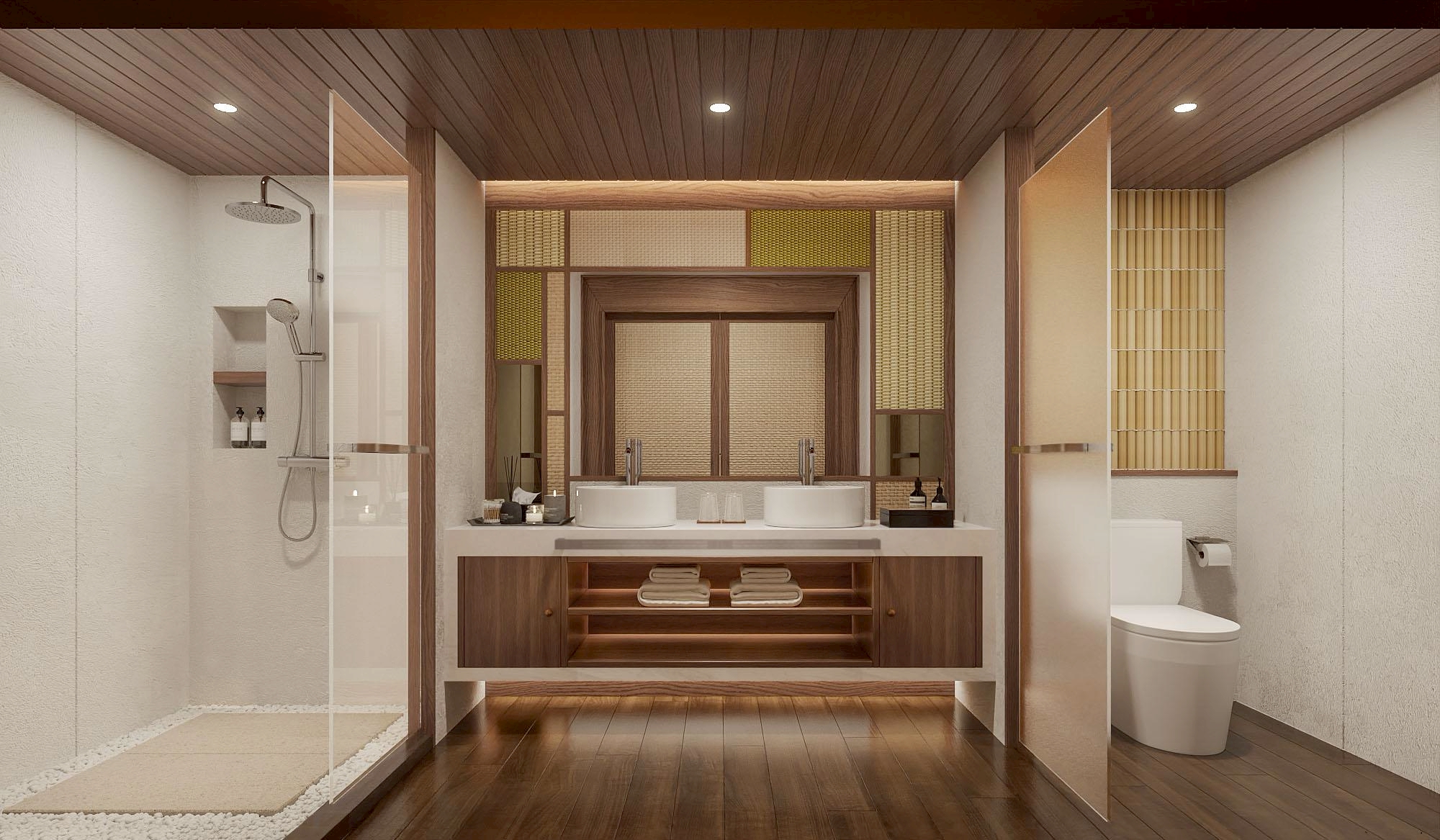 Bathroom with double vanity and walk-in shower in a floating villa