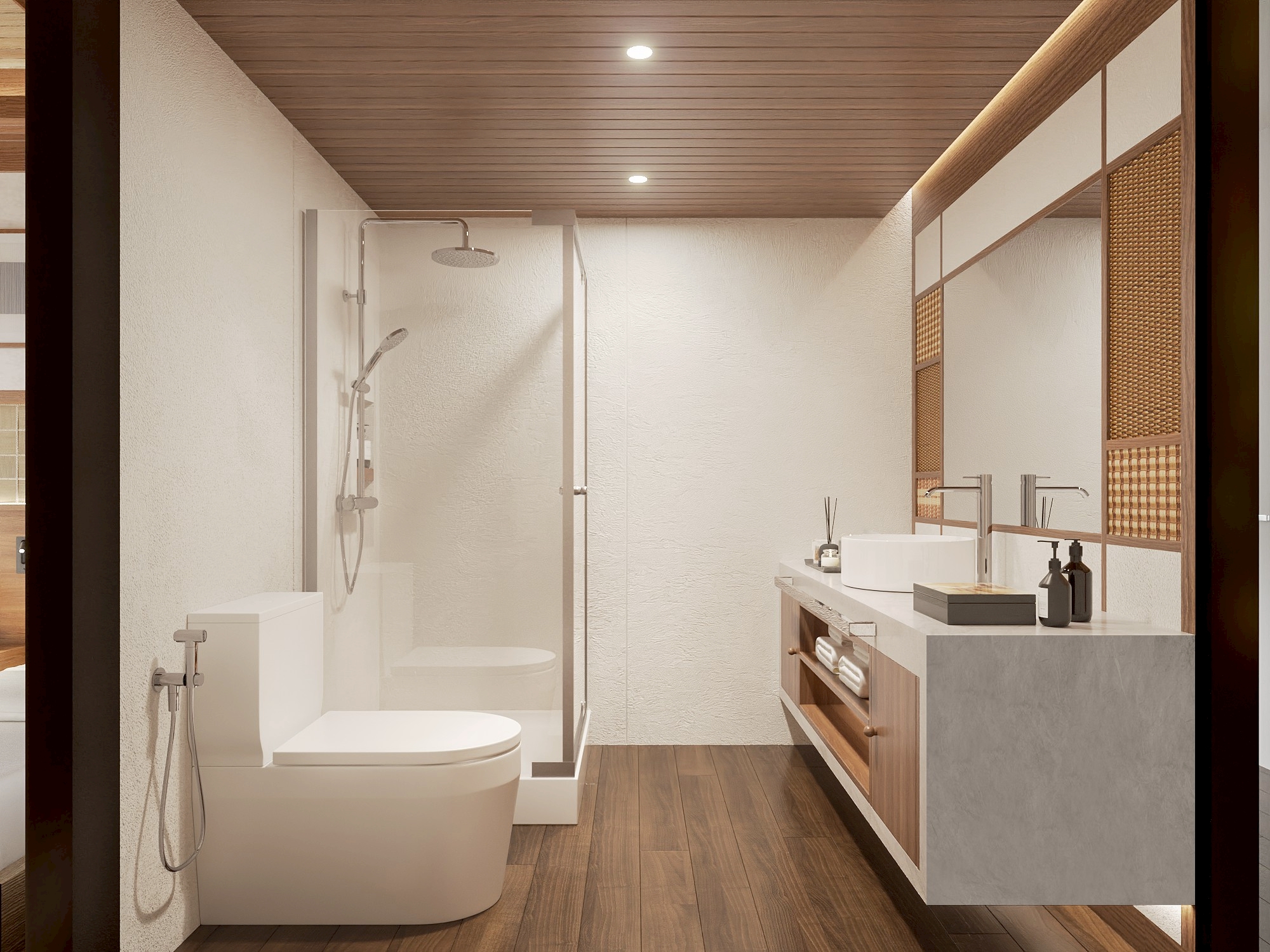 Second bathroom with shower and vanity in a floating villa