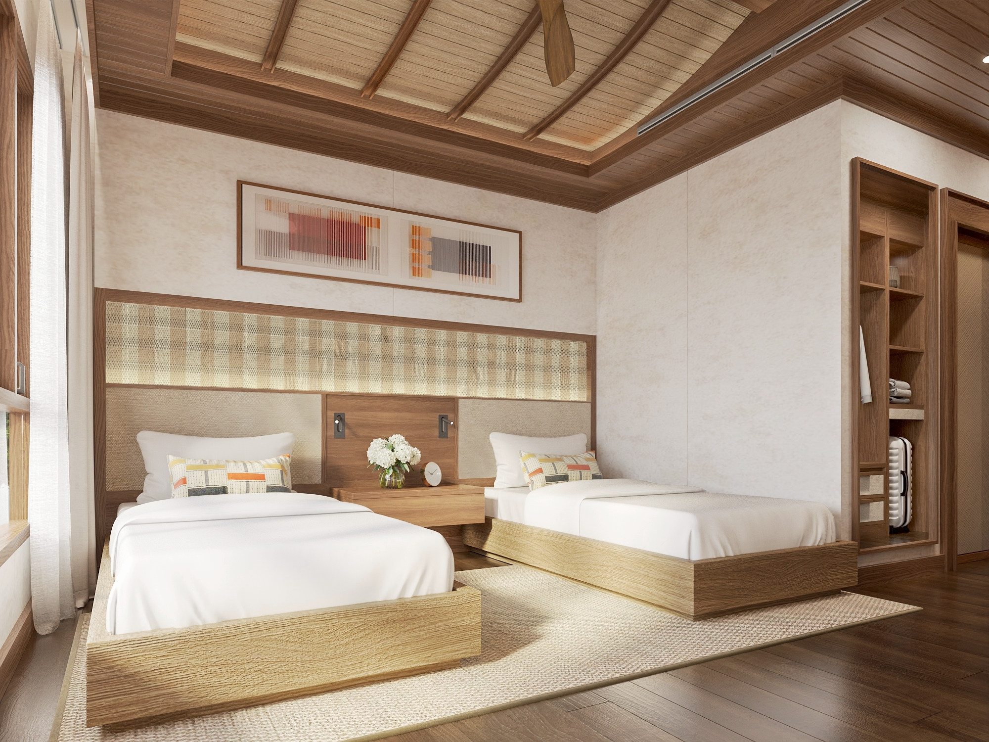 Twin bedroom with platform beds in a floating villa, River Kwai