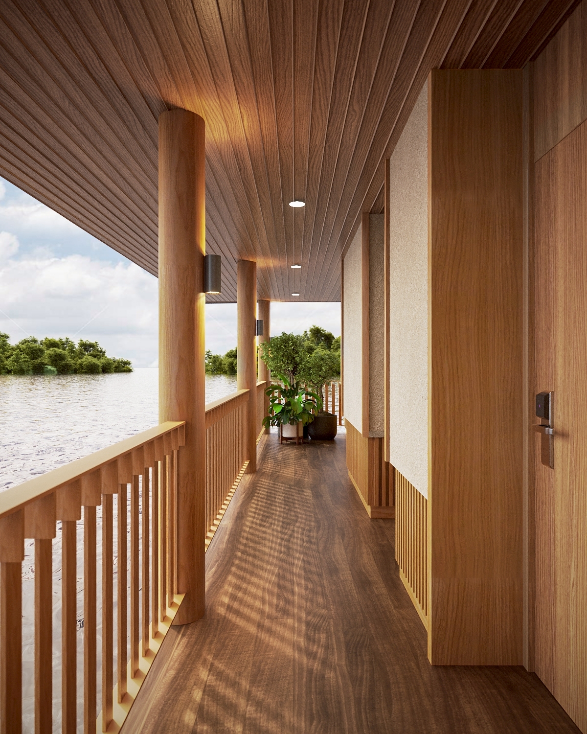 Teak verandah walkway along the river elevation of a floating villa