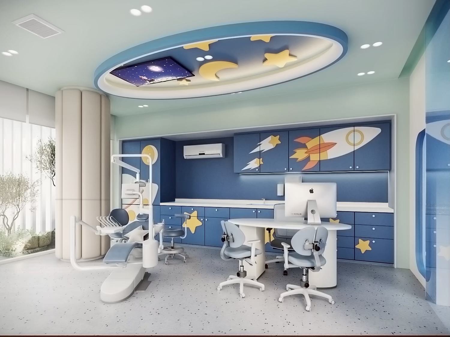Children's dental treatment room with rocket graphics, Bangkok