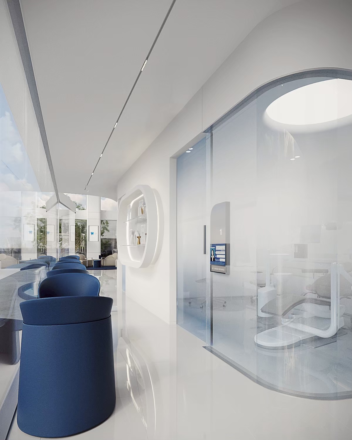 Waiting seats beside glazed dental treatment rooms