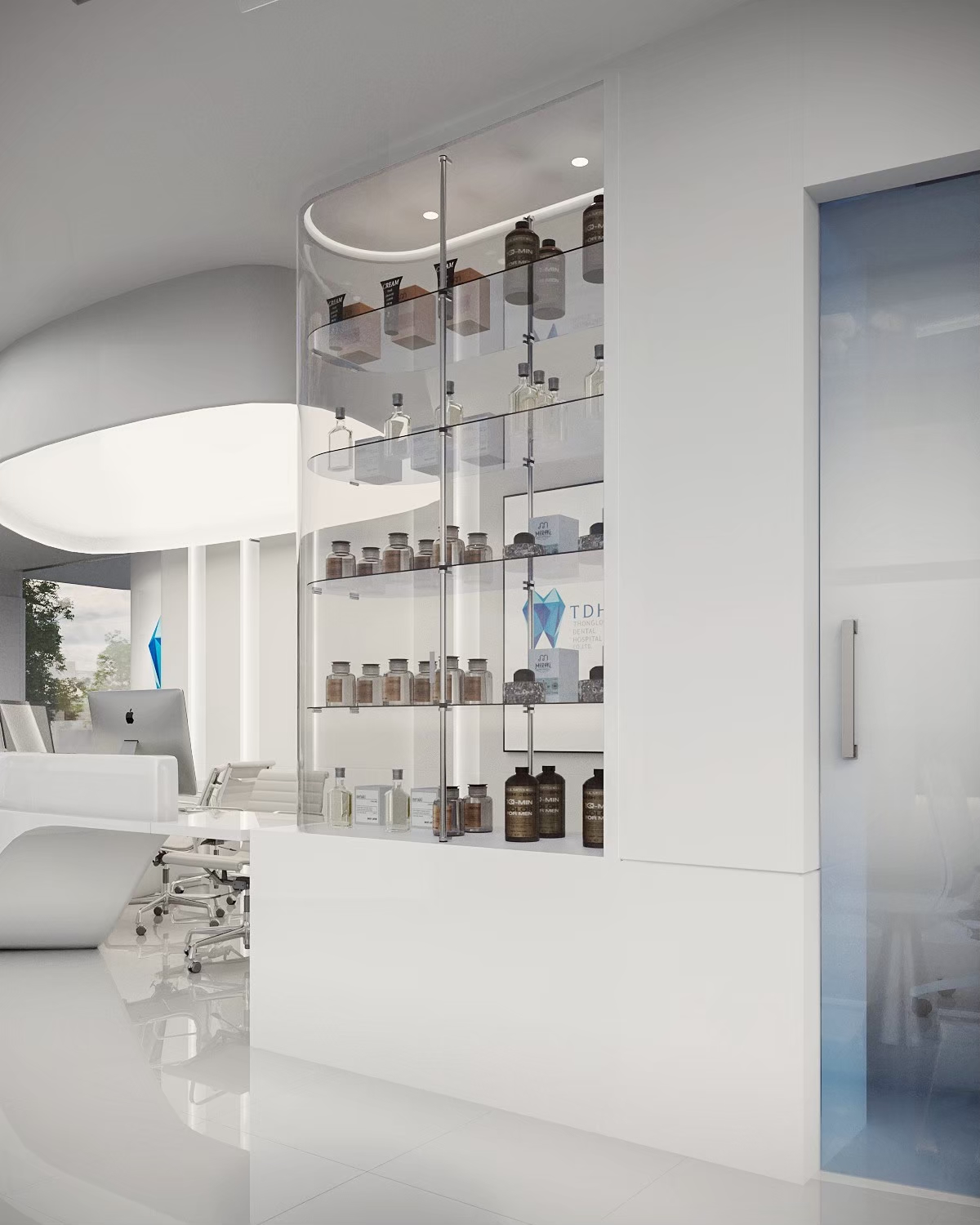 Dental product display shelving in hospital lobby, Bangkok