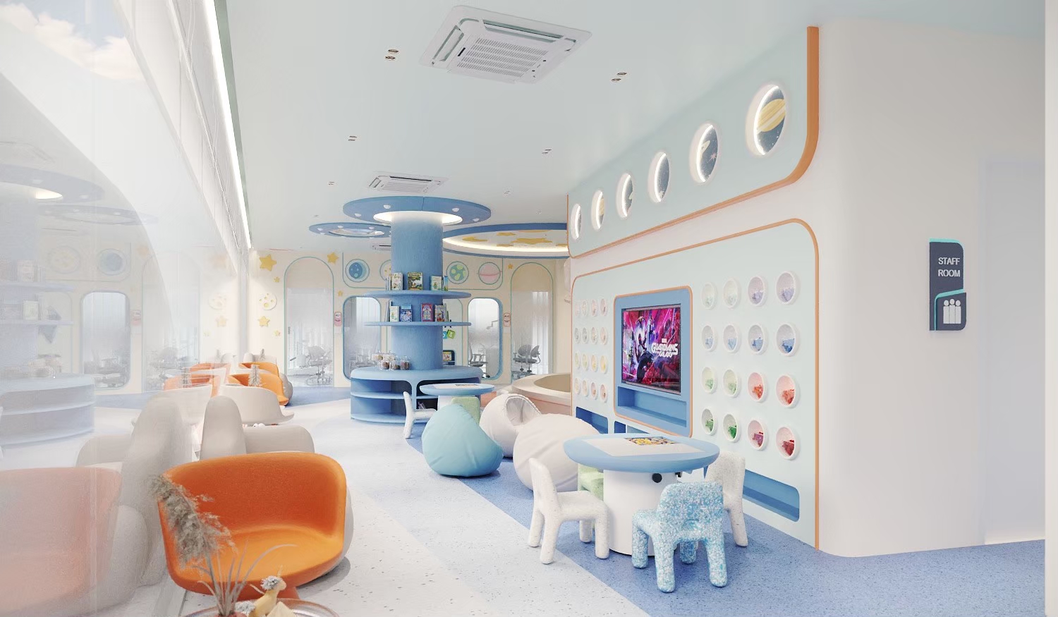 Children's dental clinic lounge with porthole windows
