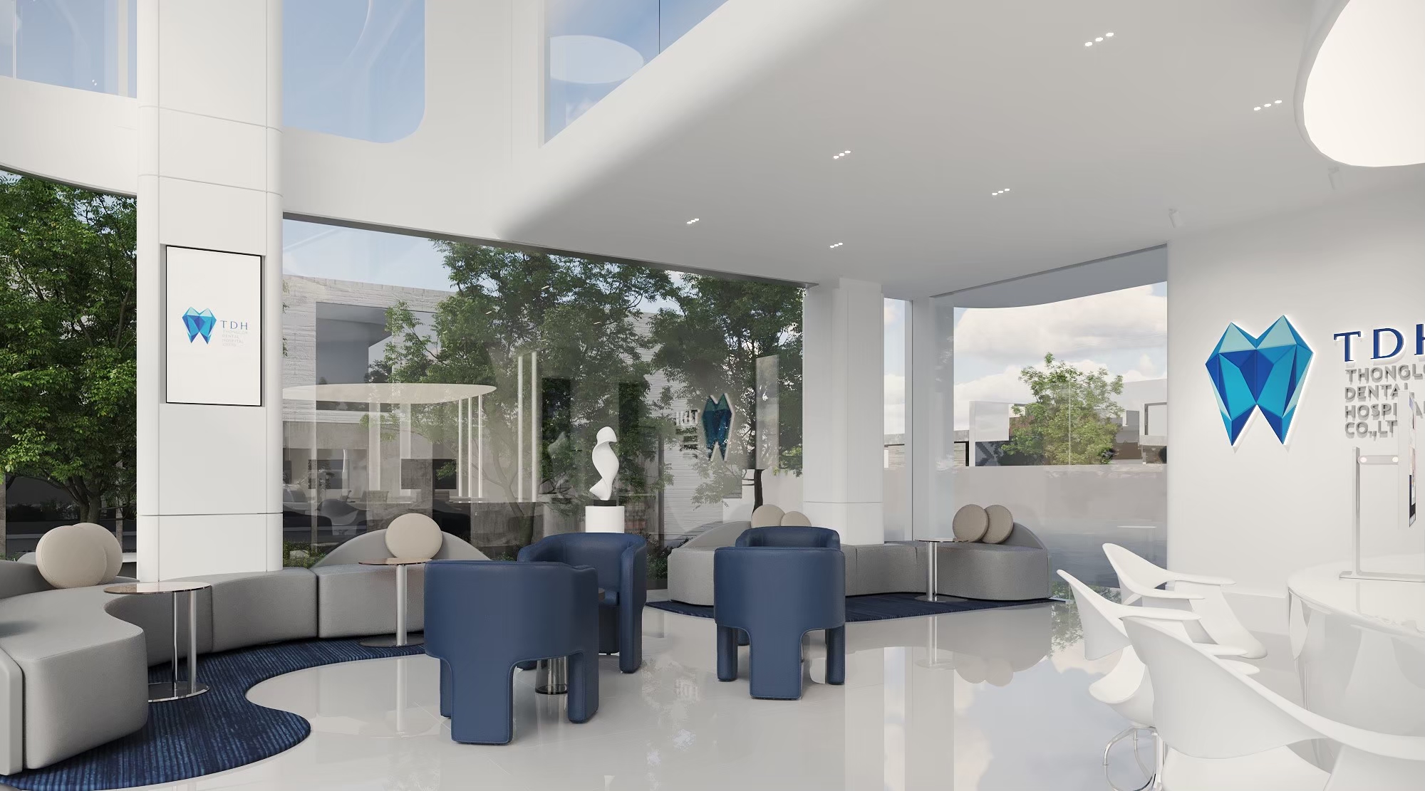 Dental hospital waiting lounge with daylight and garden view, Ramintra