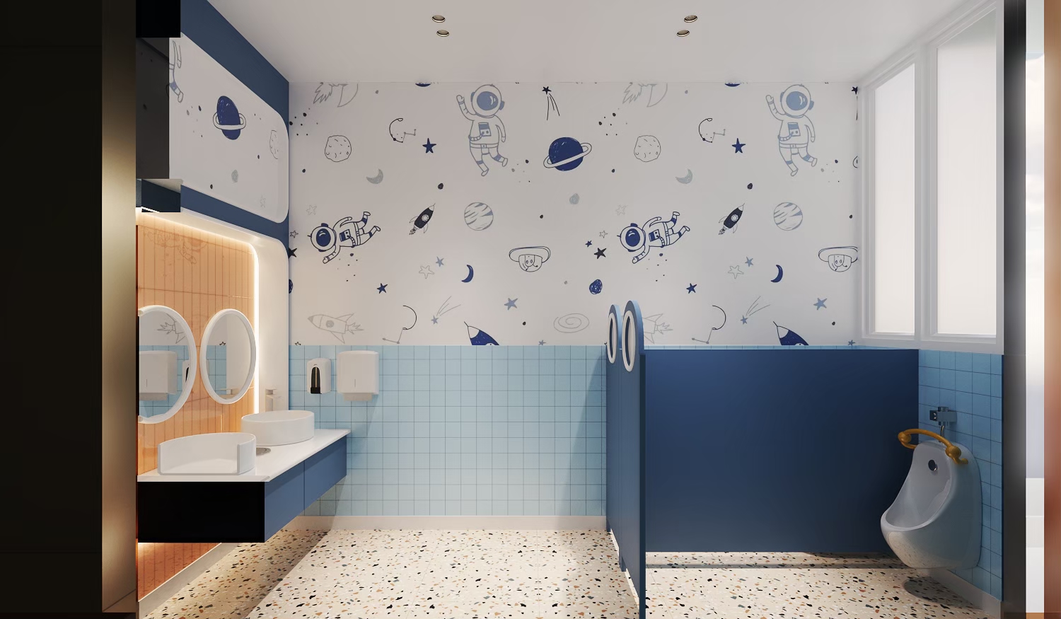Children's washroom with low basins and space mural, TDH Kids