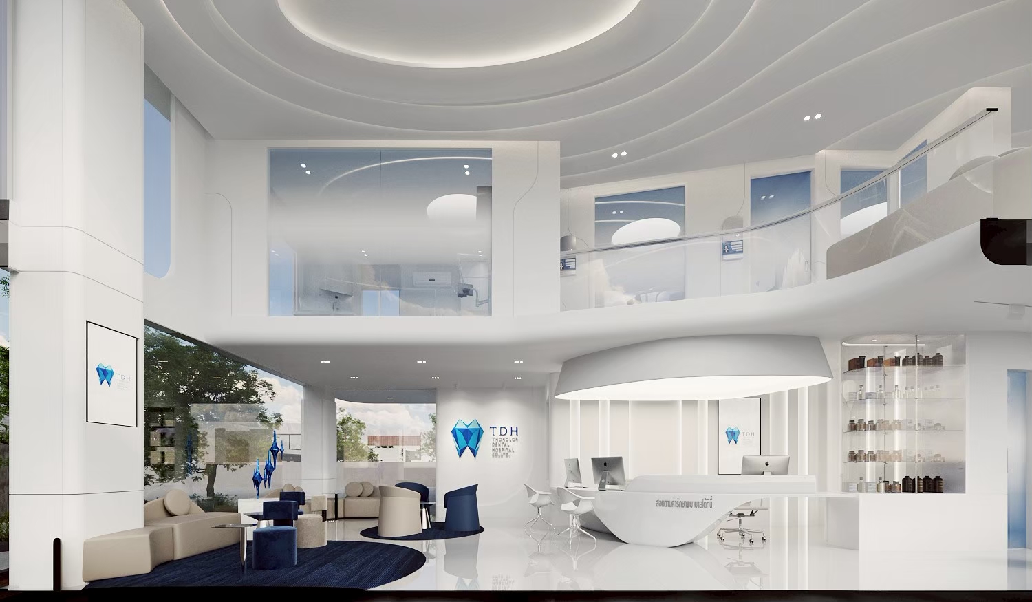 Curved balcony over dental hospital lobby, interior architecture Bangkok