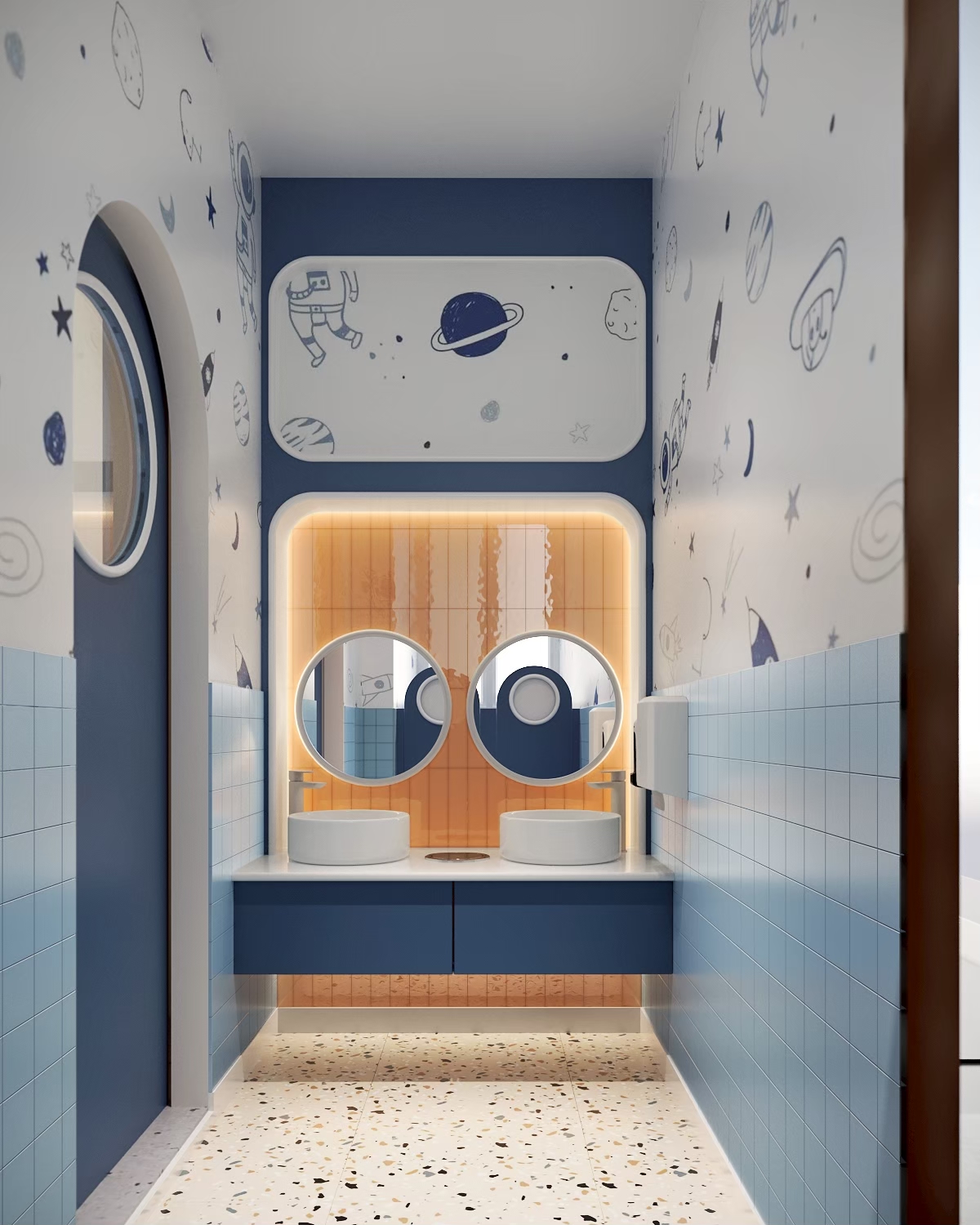 Children's washroom entry with arched opening, dental hospital