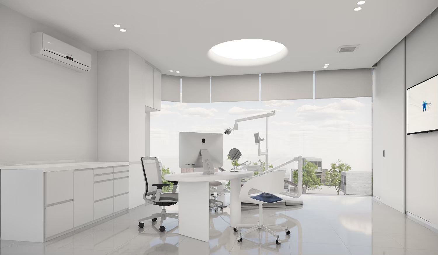 Dental treatment room with full-height glazing to greenery