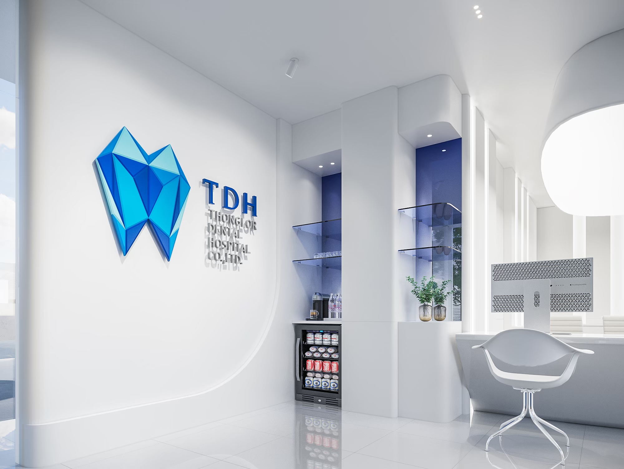 TDH brand wall and refreshment counter, dental hospital interior