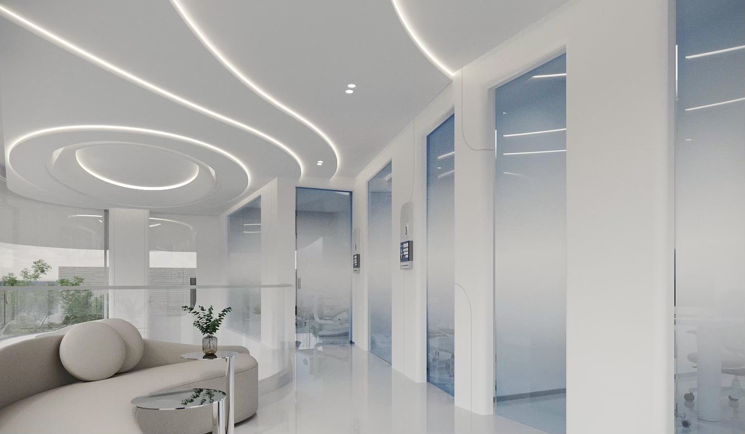 Curved dental hospital corridor with continuous linear lighting