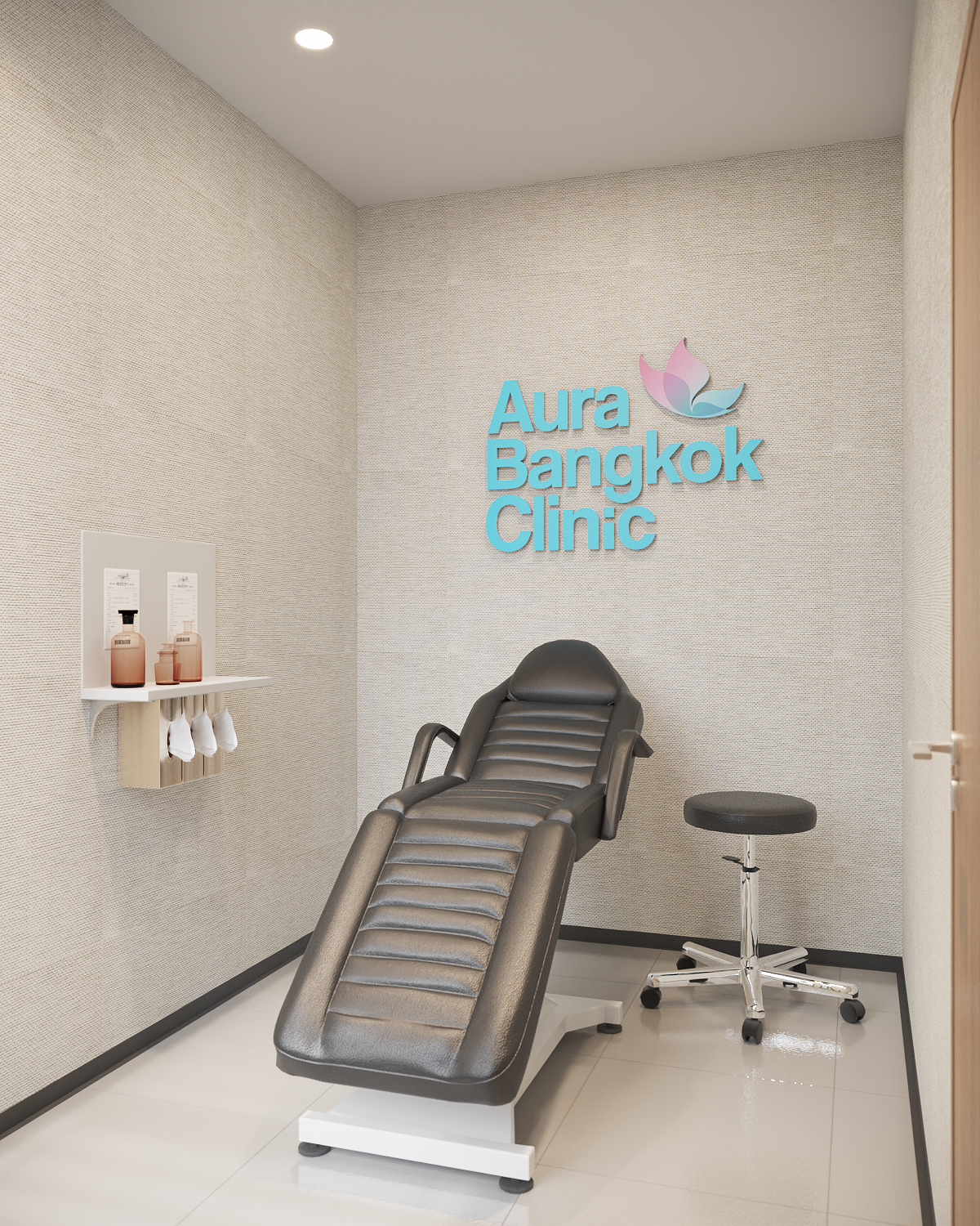 Laser treatment room with a single bed, product shelf and wipeable finishes
