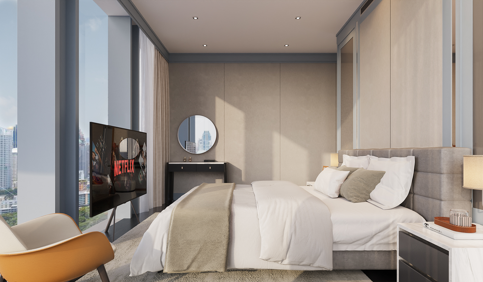 Master bedroom with corner window, stone wall panels and upholstered headboard overlooking the Bangkok skyline