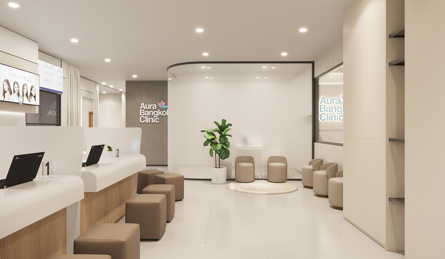 Aura Bangkok Clinic reception counter seen across the waiting lounge