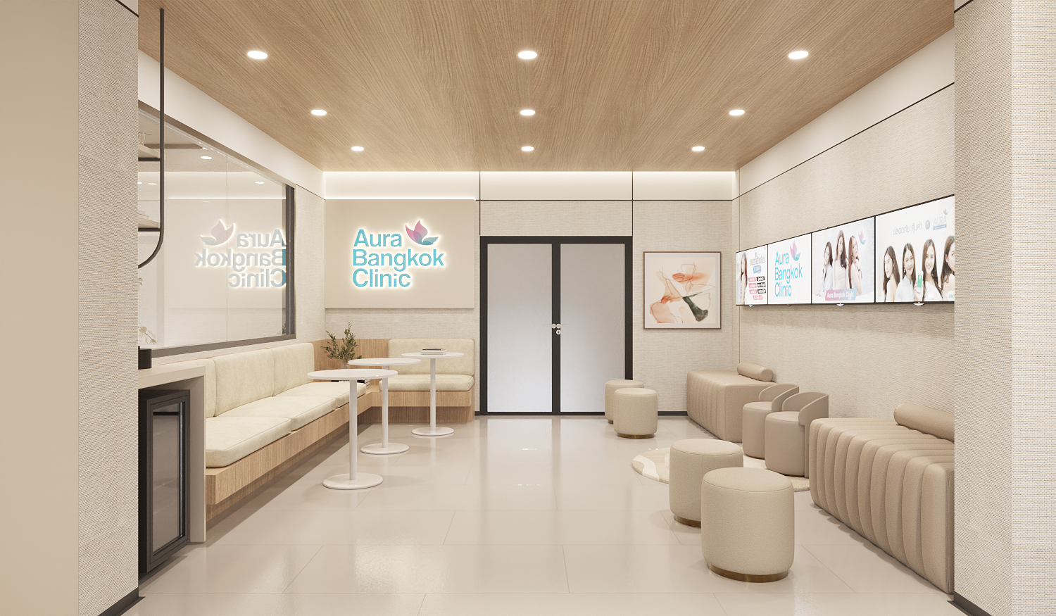 Clinic waiting lounge with fitted banquette, loose poufs and a timber ceiling
