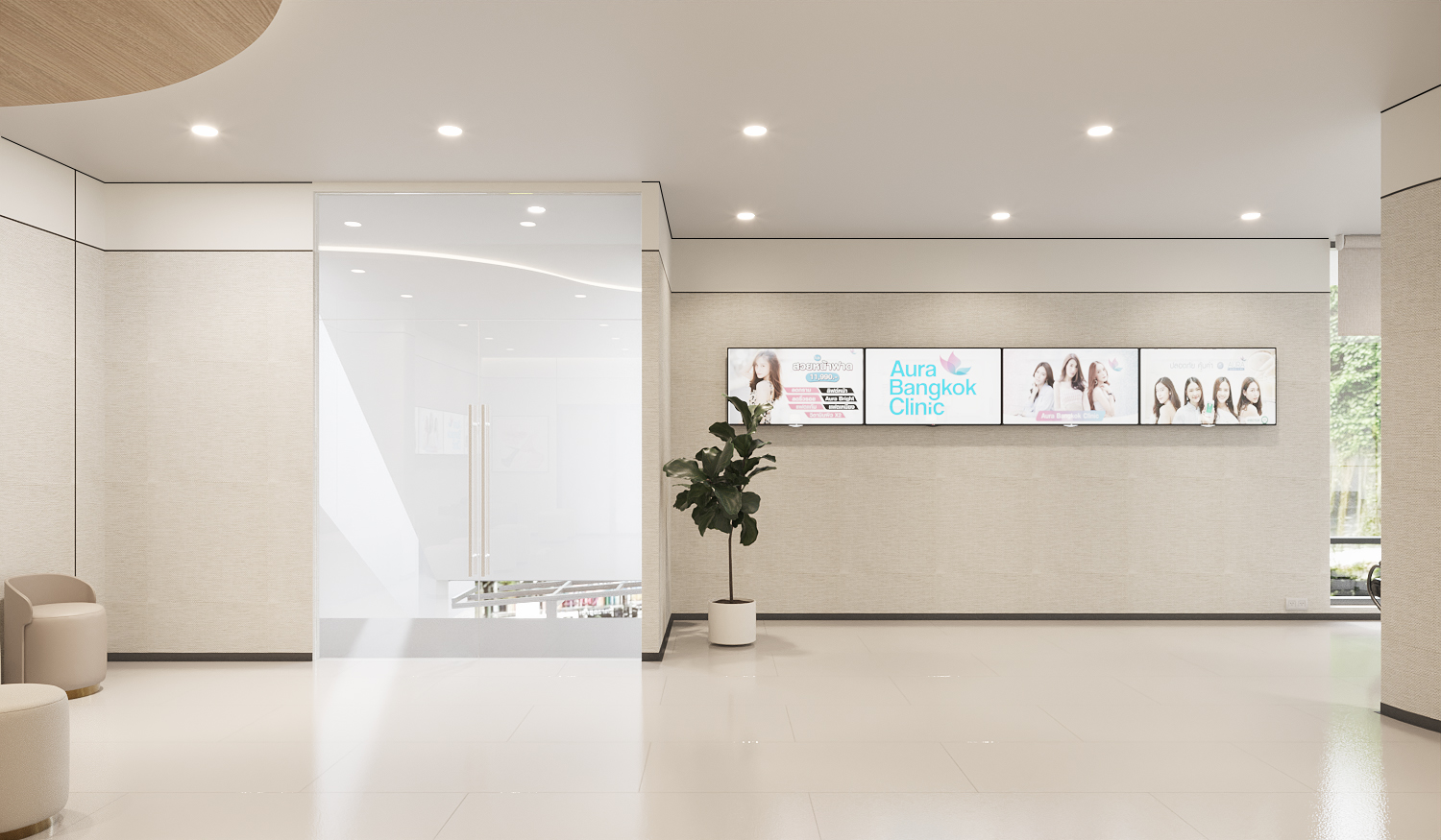 Waiting area wall with a single framed run of treatment imagery