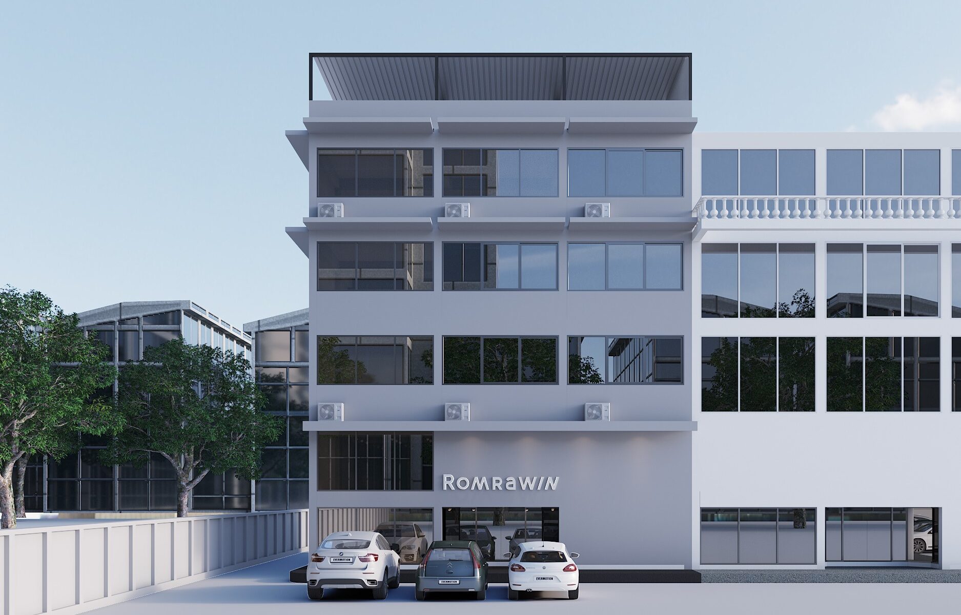 Romrawin Head Office exterior facade in Bangkok, workplace interior design by Gratitude Design