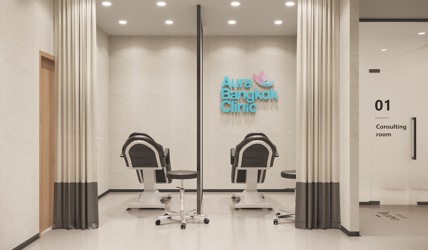 Paired treatment bays with individual mirrors and lit panels
