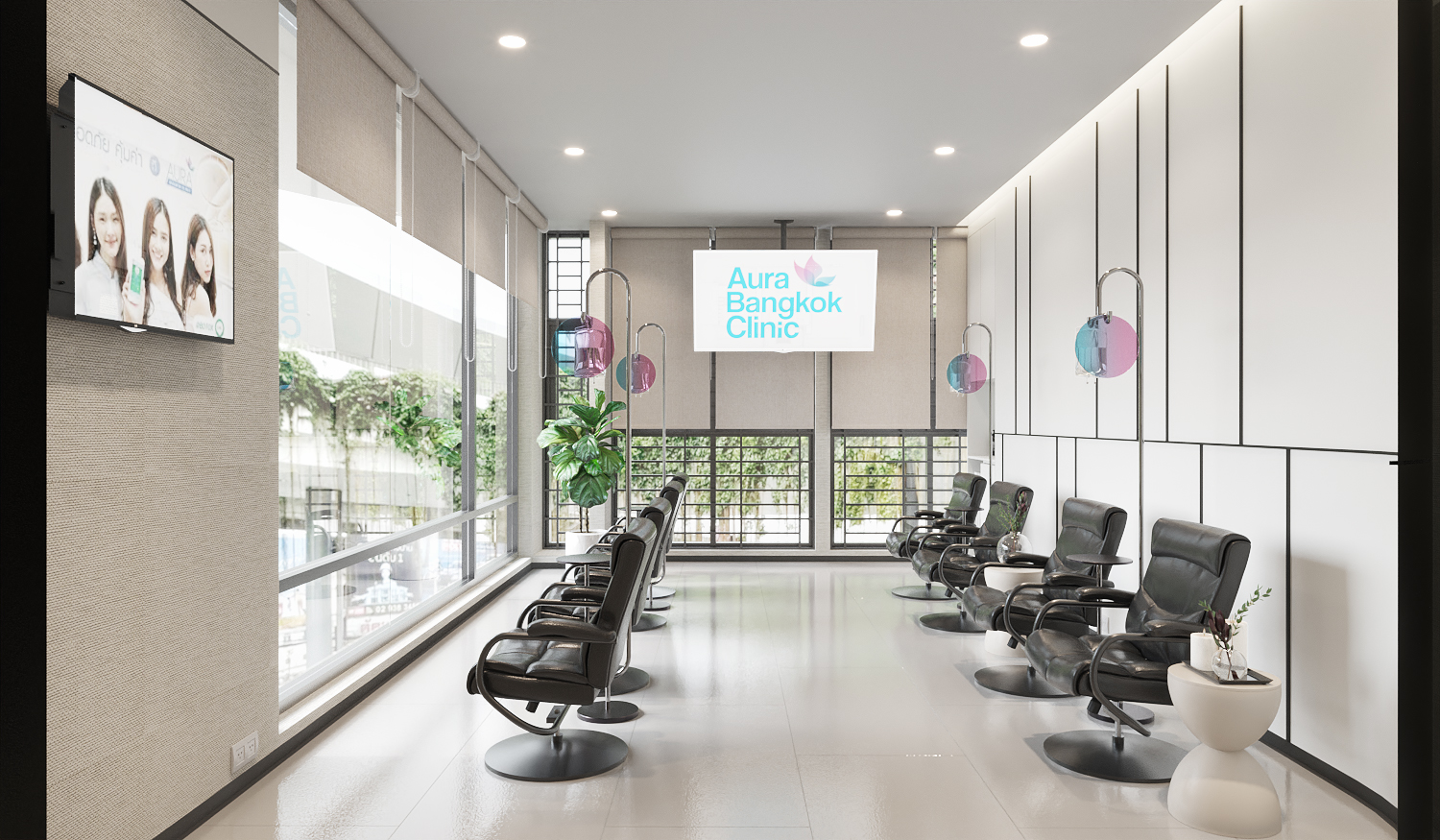 Vitamin drip lounge with recliners arranged along a full-height window wall