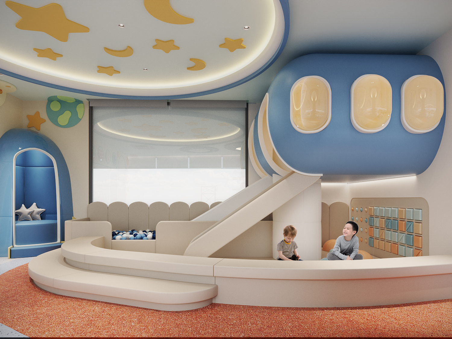Children's dental clinic play area with slide and ball pit