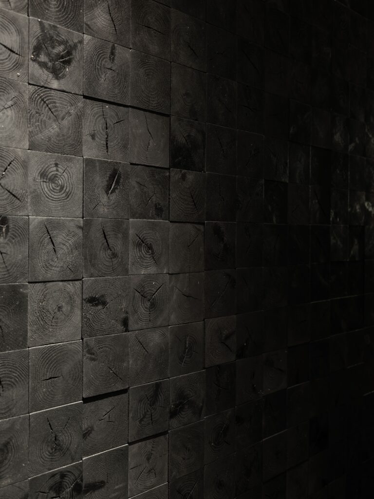 Split black stone cladding in raking light