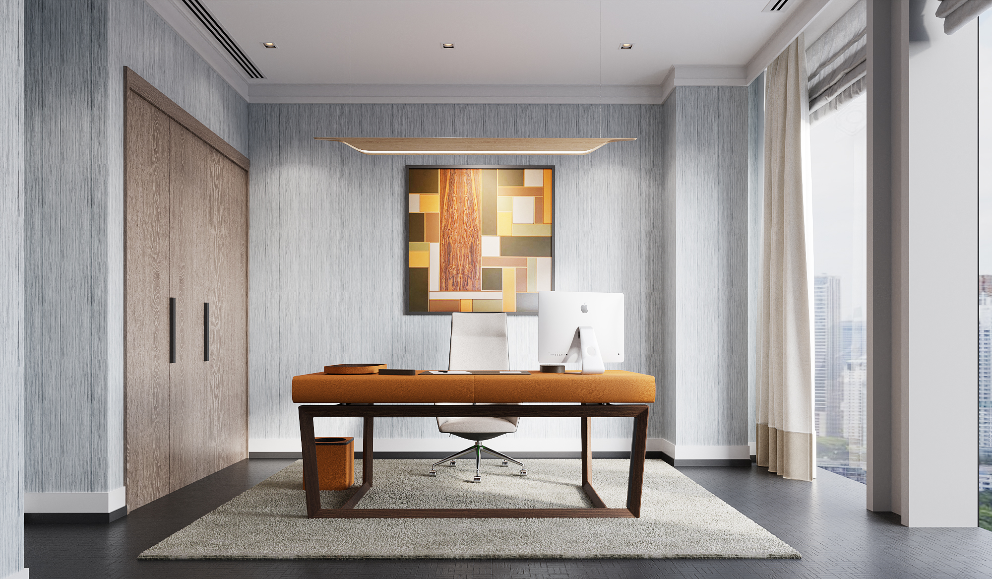 Home study with burnt orange leather desk, timber doors and marquetry artwork in a luxury Bangkok apartment