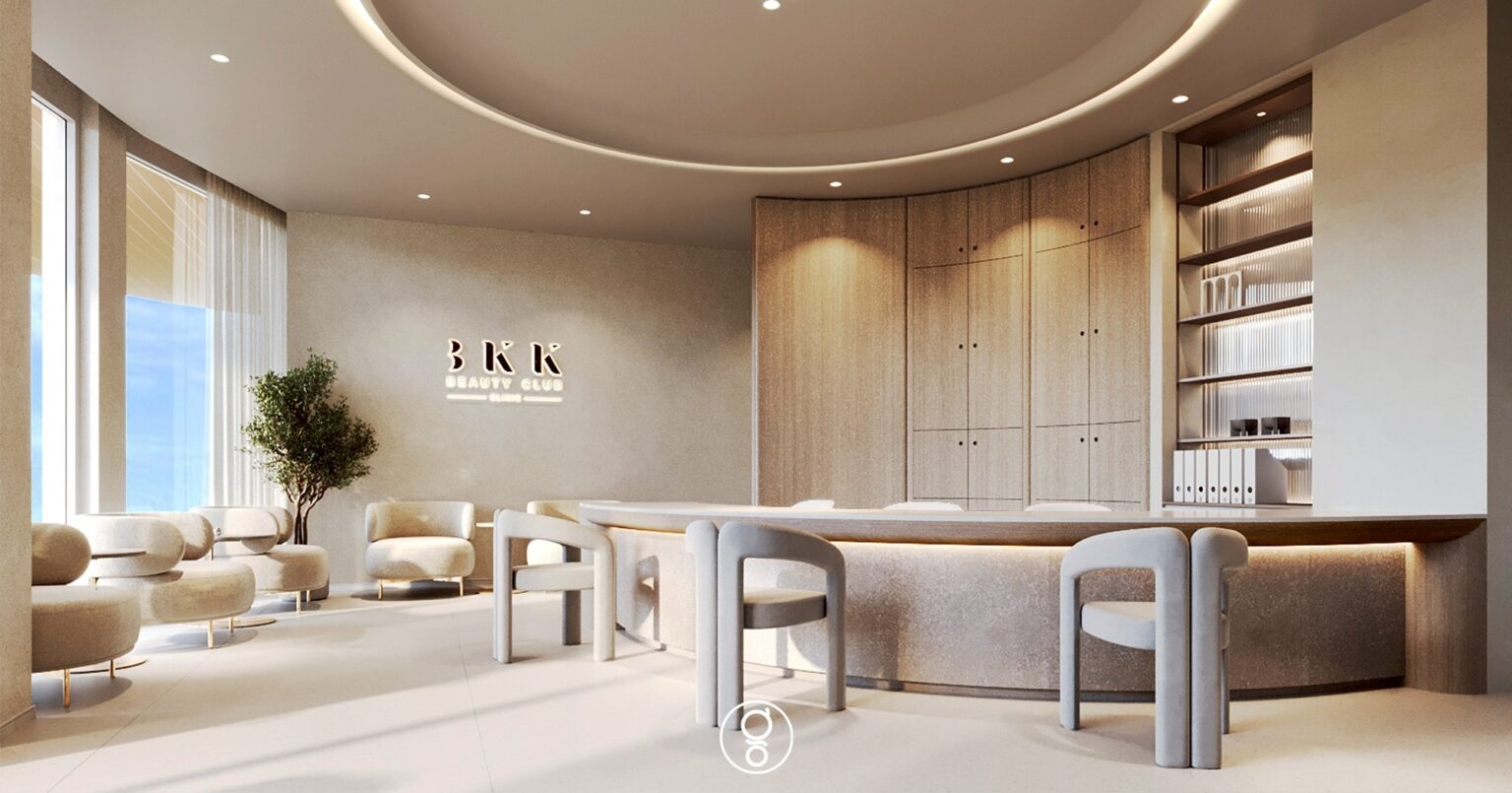 Curved reception counter in warm timber and stone at a Bangkok wellness clinic