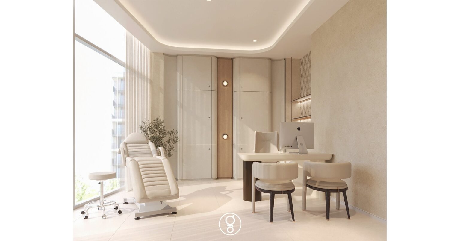 Doctor's room with treatment chair at the window and curved full-height cabinetry