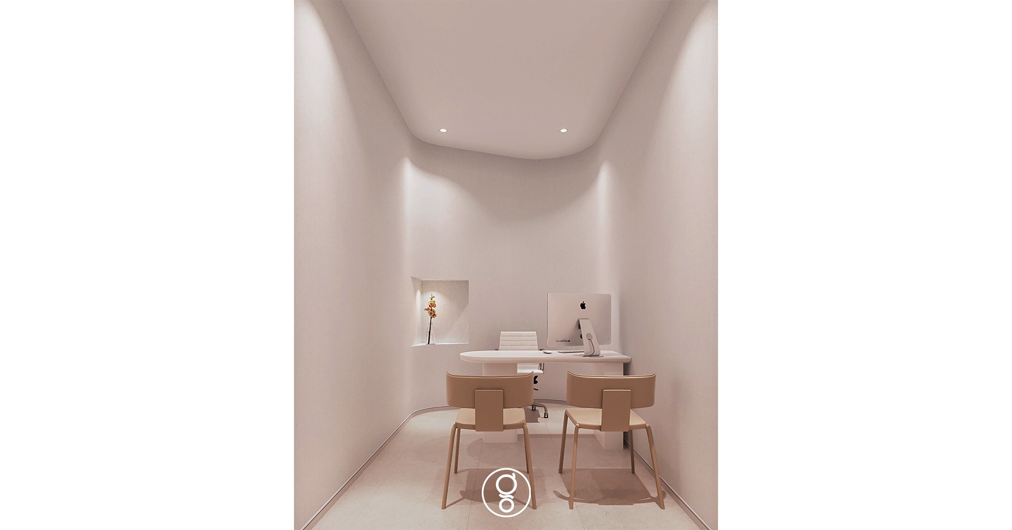 Small consulting room with curved walls, a lit orchid niche and a slim oval desk