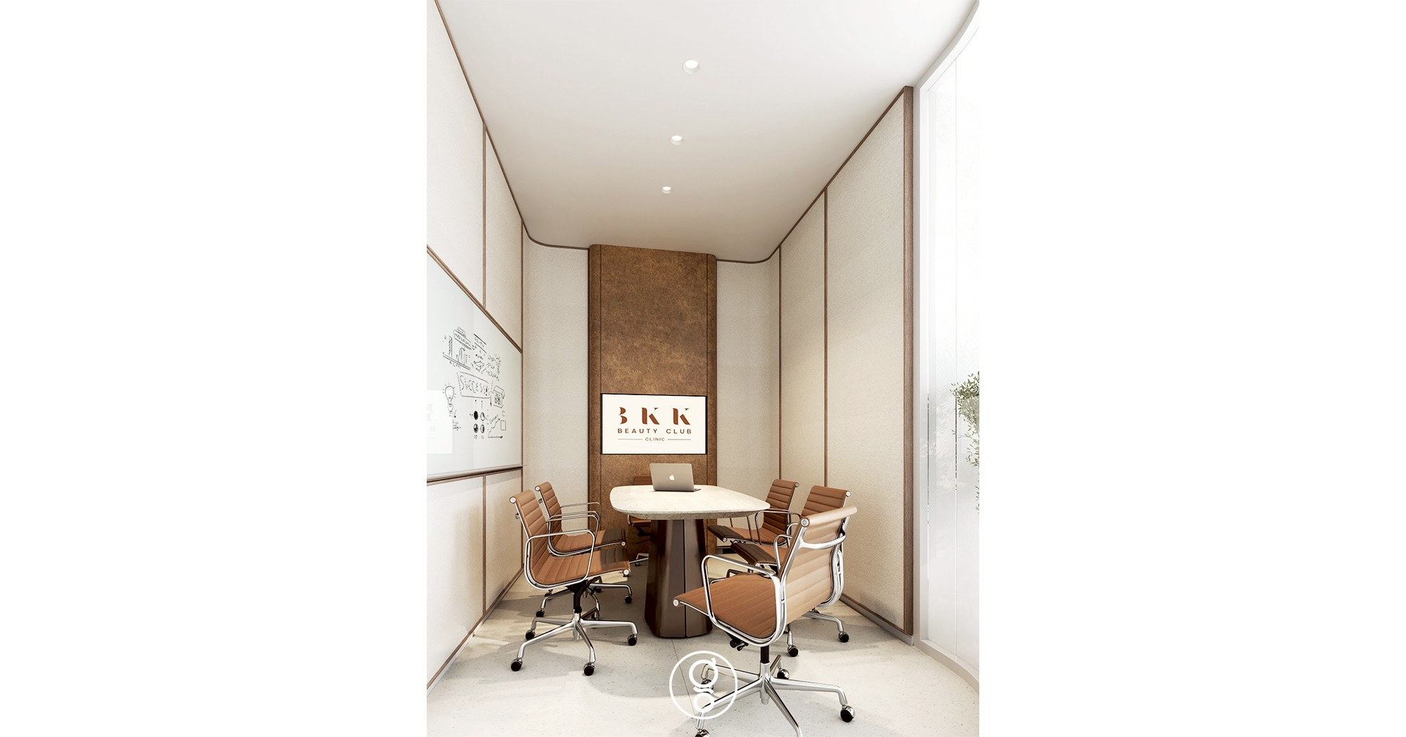 Staff meeting room with oval table, bronze panel and daylight