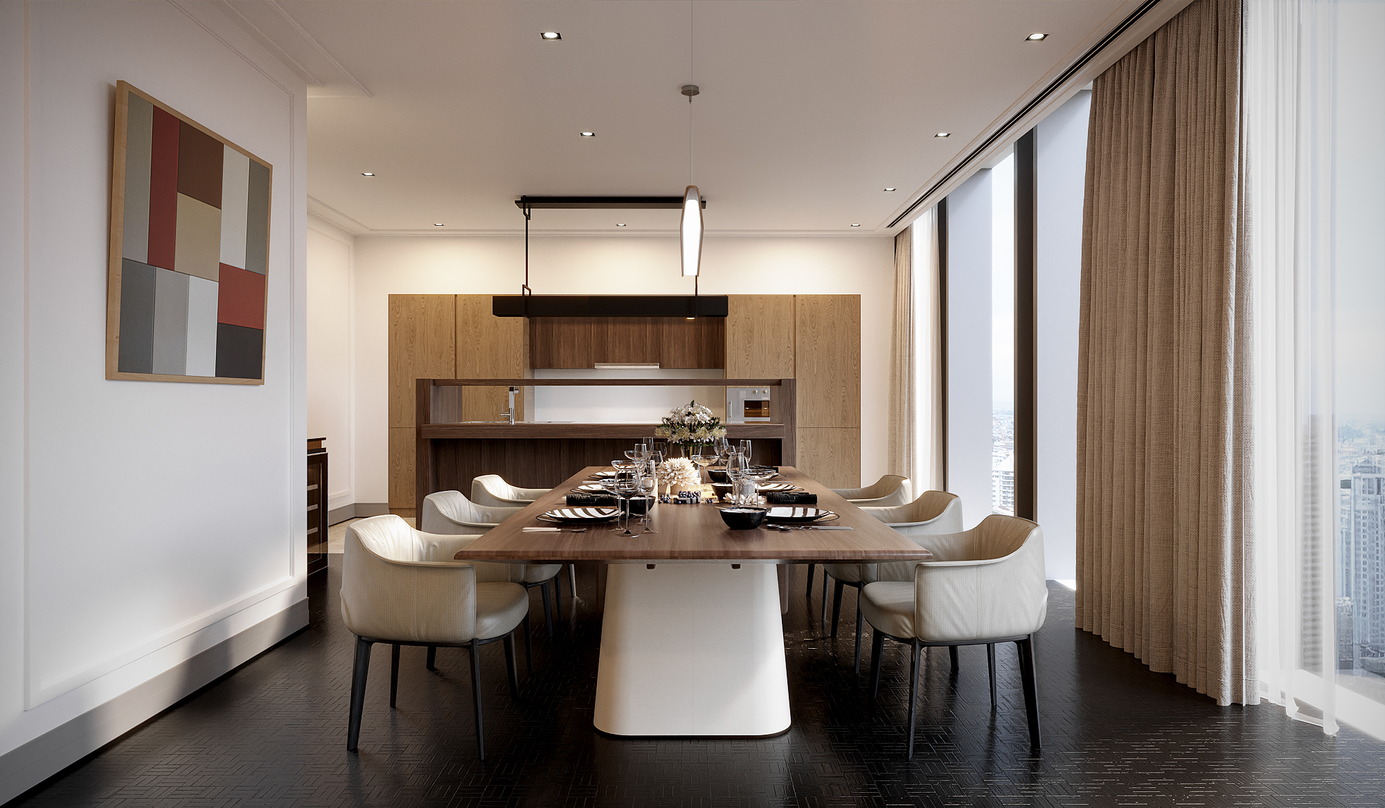 Dining room with long timber table, cream leather chairs and linear pendant, Ritz-Carlton Residences Bangkok
