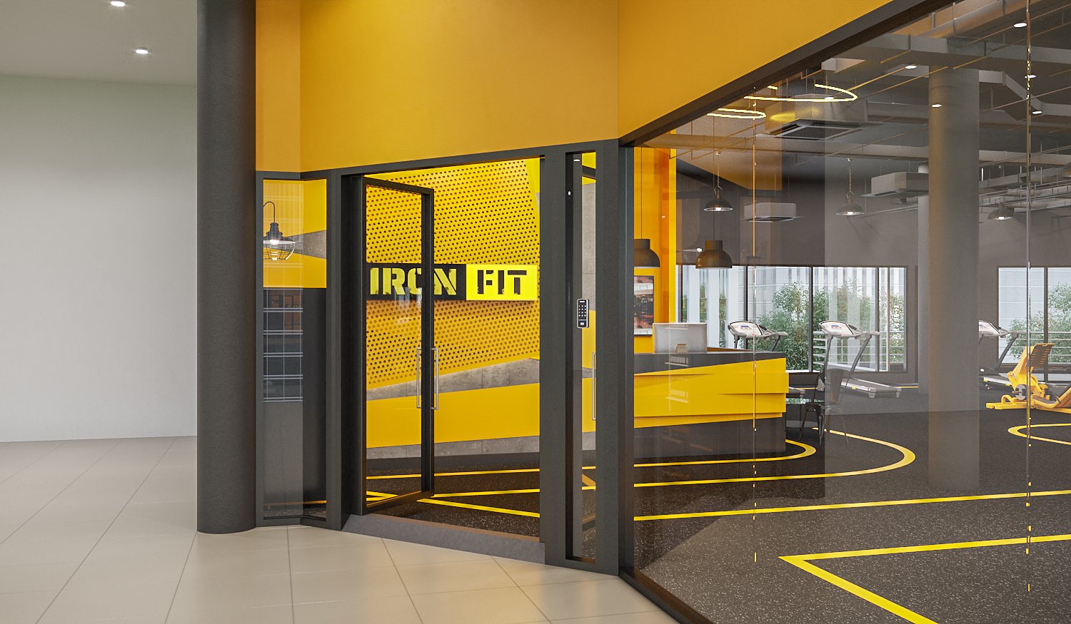 Ironfit gym Bangkok shopfront — full-height glazing with IRON FIT stencil signage, yellow lane markings on black rubber flooring and yellow training machines, interior design by Gratitude Design