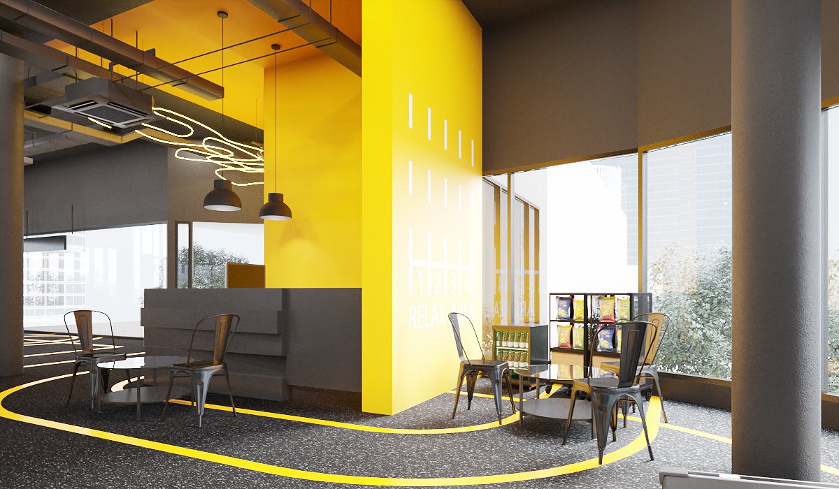 Ironfit gym reception — perforated yellow feature panel with IRON FIT logo on raw concrete, neon route across the ceiling and yellow lane lines on the floor, interior design by Gratitude Design
