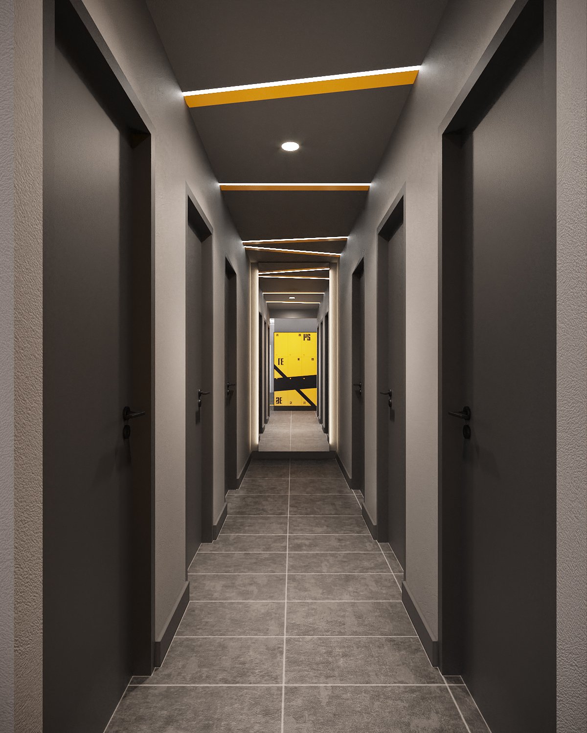 Ironfit relax area — yellow blade wall with graphic scoreboard, metal café chairs, snack display and full-height windows, interior design by Gratitude Design
