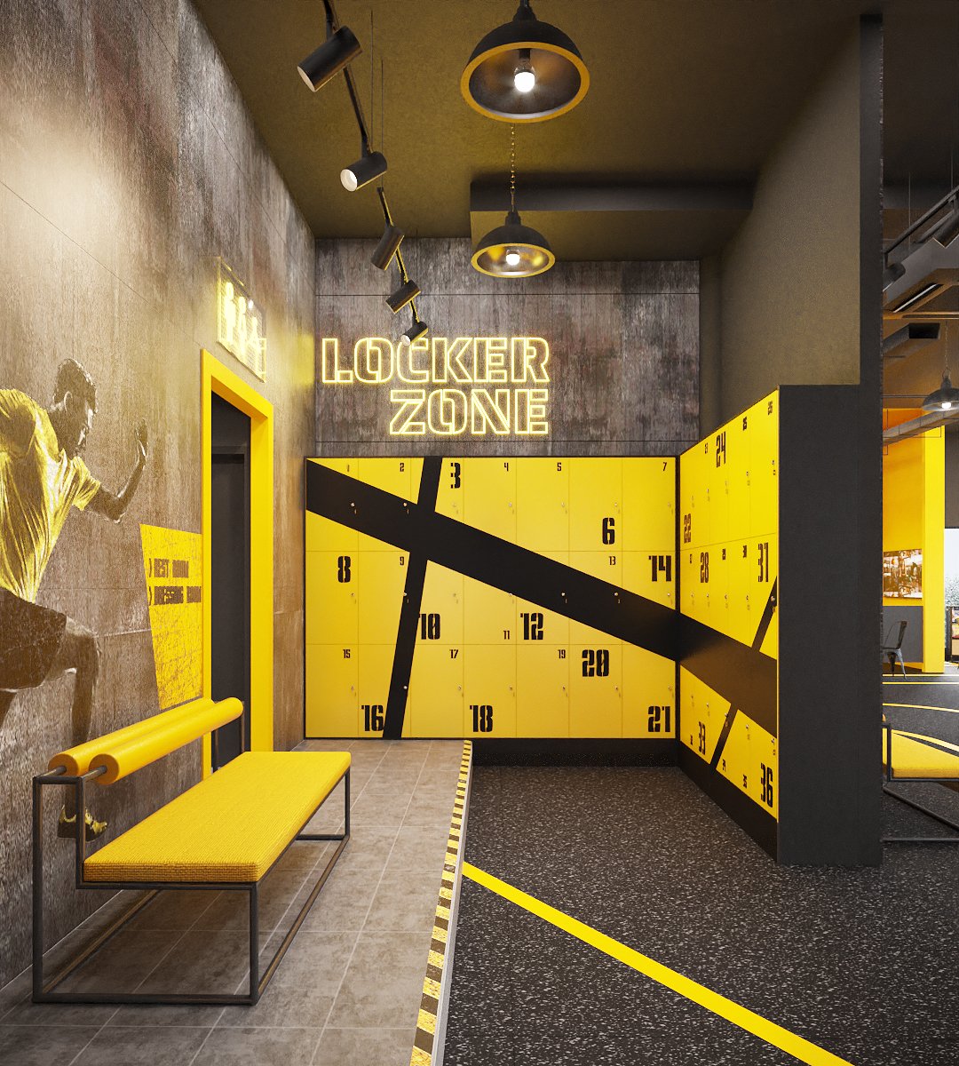 Ironfit warm-up zone — WARM UP and RUN lettering painted on the floor, concrete feature wall with neon IRON FIT sign and yellow benches, interior design by Gratitude Design