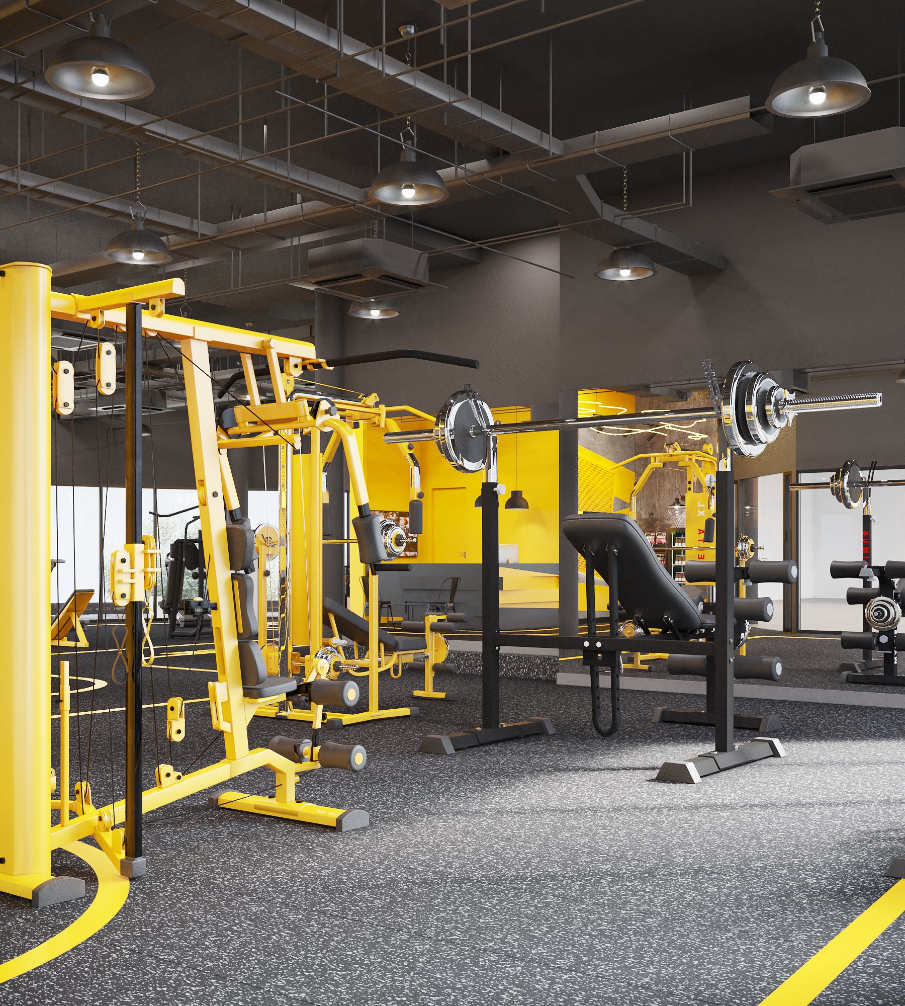 Ironfit indoor running track — curved lane along a full-height glazed façade with treadmills and city views, interior design by Gratitude Design