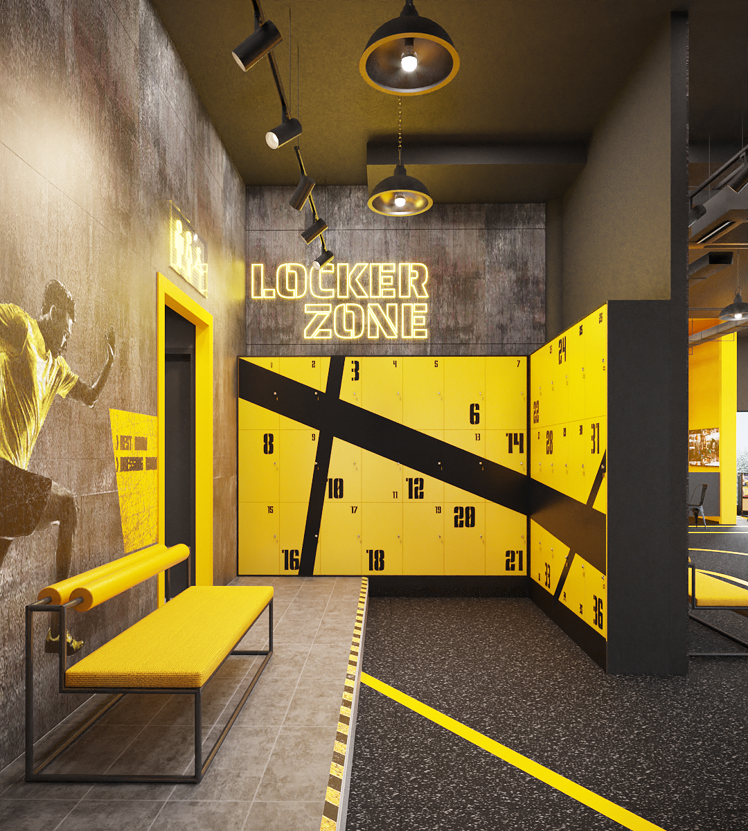 Ironfit locker zone — yellow lockers with black diagonal stripe, neon LOCKER ZONE sign, runner mural on concrete wall and yellow bench, interior design by Gratitude Design