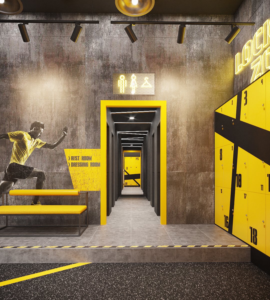 Ironfit locker zone entry — yellow-framed doorway to the changing corridor, restroom pictogram sign, runner mural and yellow bench, interior design by Gratitude Design