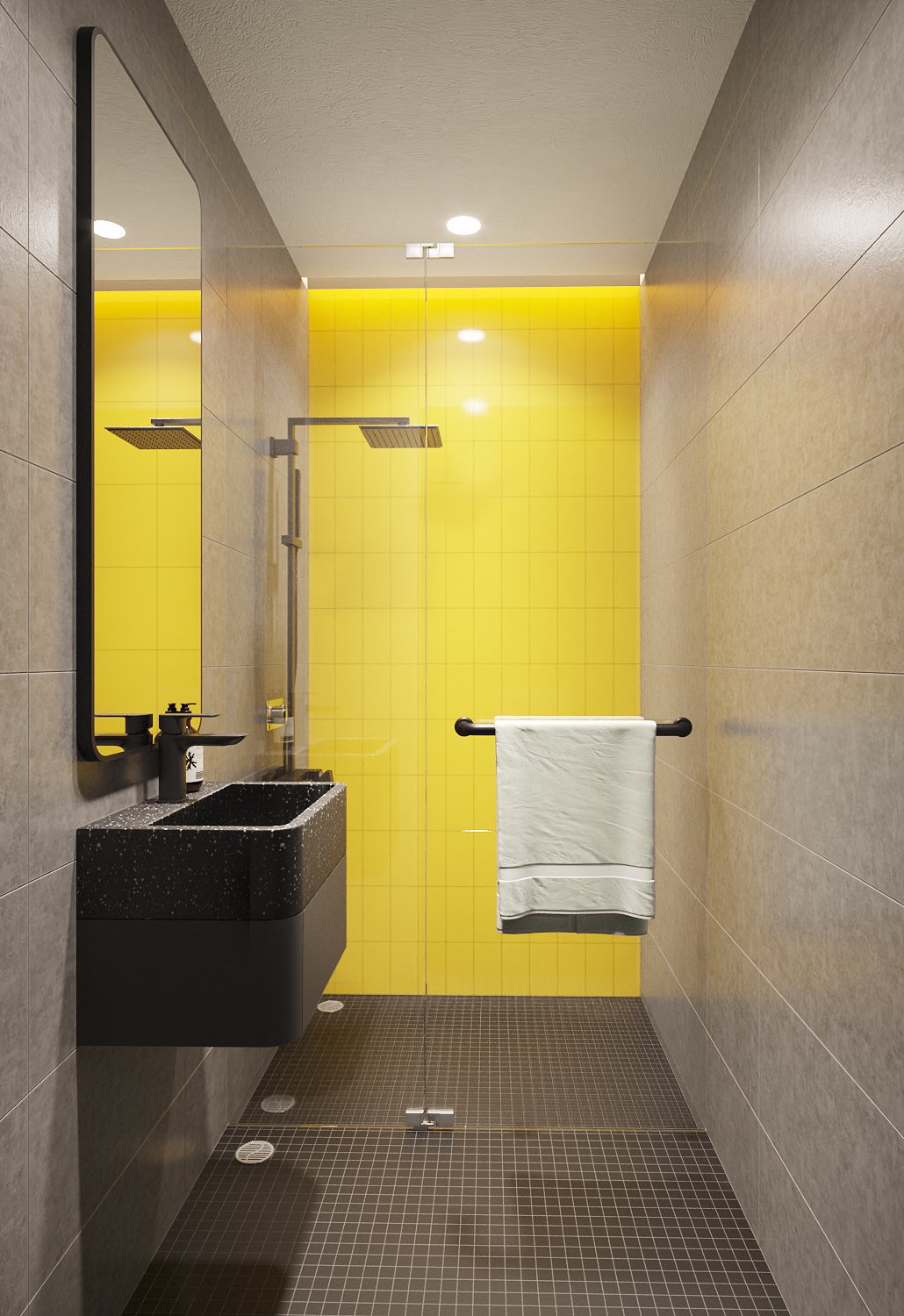 Ironfit changing corridor — charcoal doors with angled yellow light slots in the ceiling leading to the locker wall, interior design by Gratitude Design