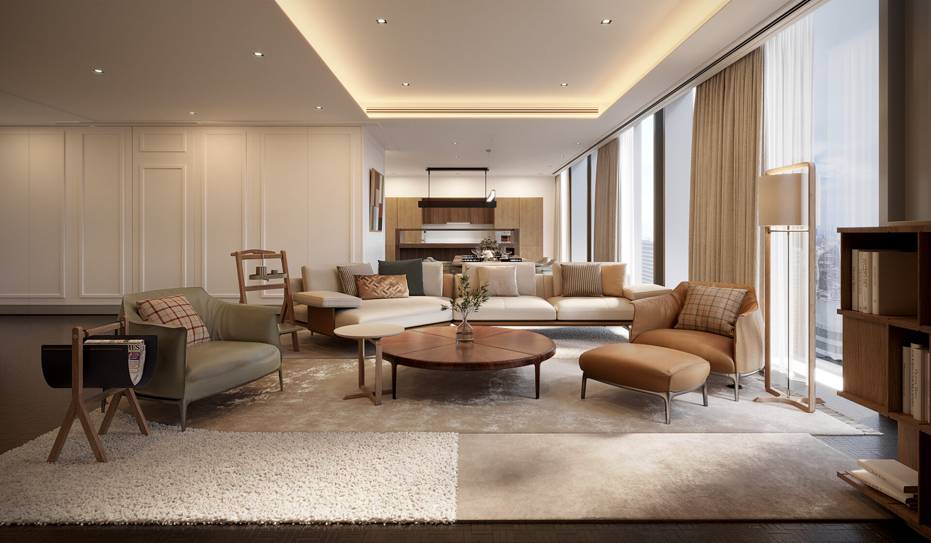 Ritz-Carlton Residences Bangkok — living and dining room in cream and tan with a round timber table, full-height curtains and a cove-lit coffered ceiling, interior design by Gratitude Design