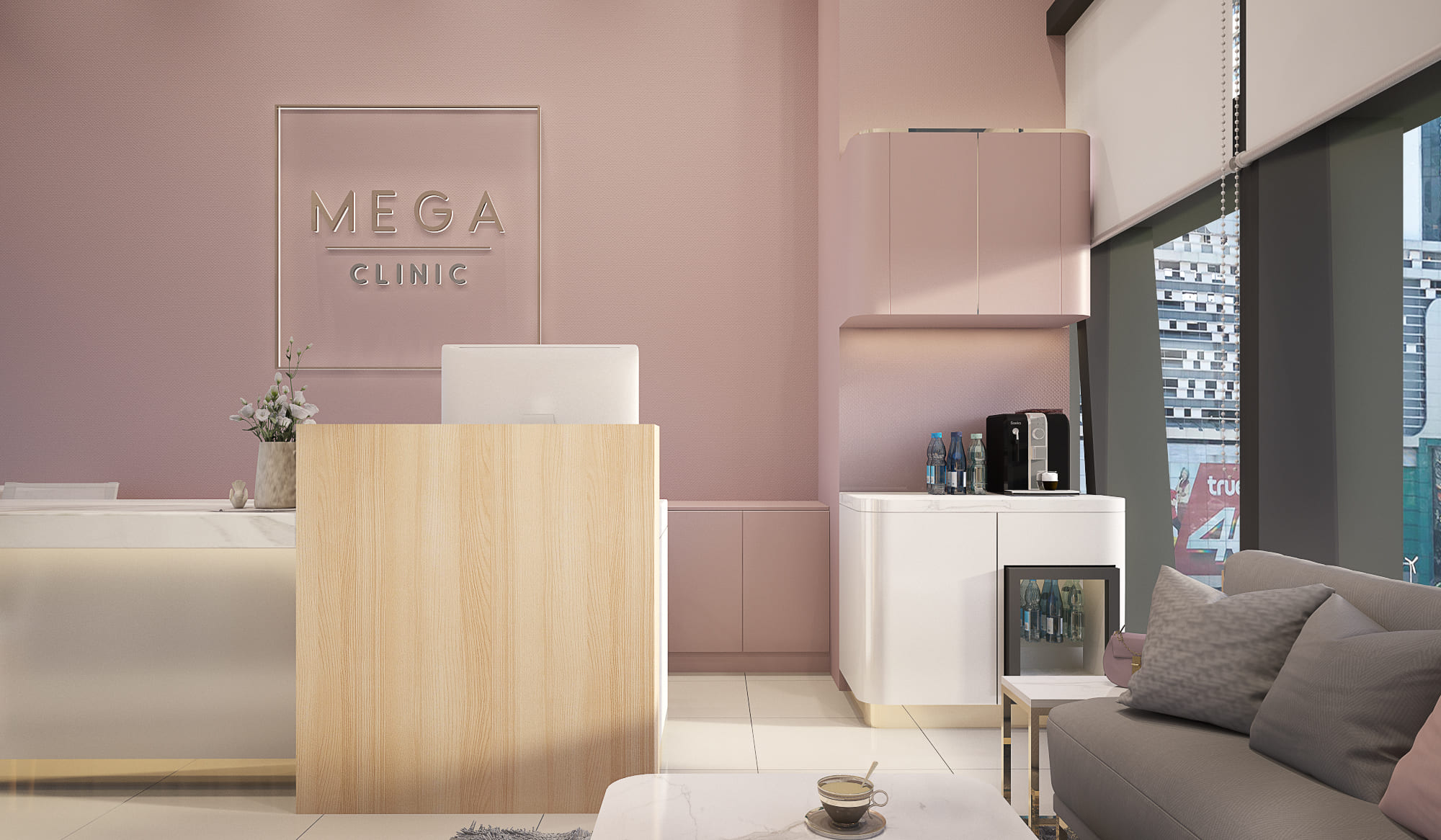 Clinic reception with a timber desk pod, a debossed logo on a pink wall and a white refreshment counter with a coffee machine