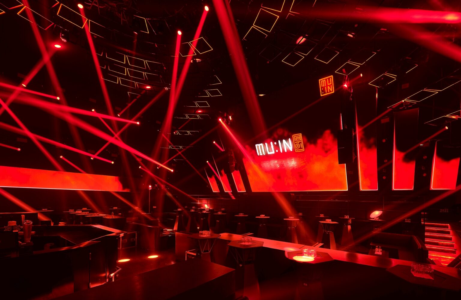 MU:IN Bangkok nightclub interior design — The main floor at full tilt — light as the primary material