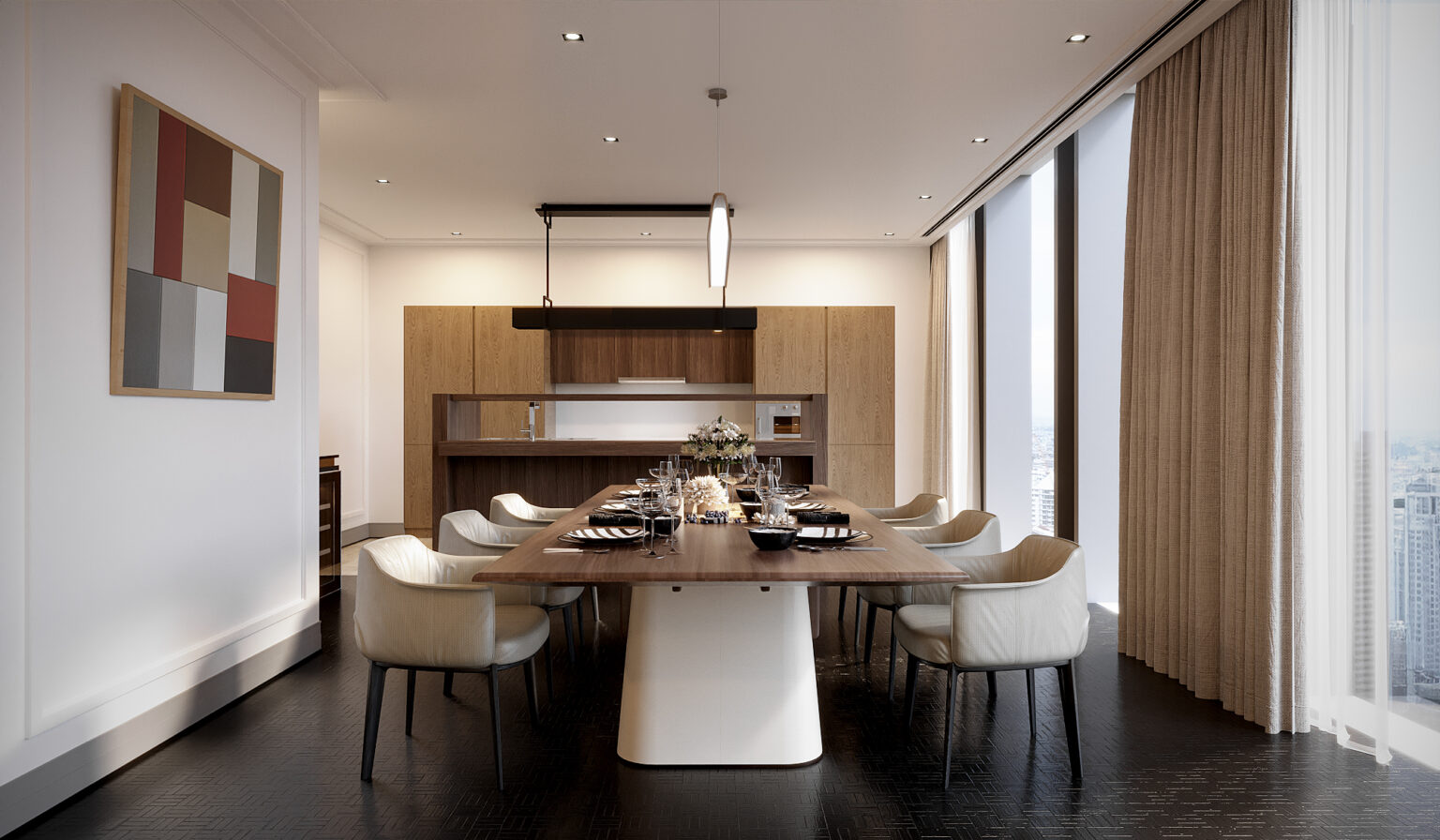 Dining room with long timber table, cream leather chairs and linear pendant, Ritz-Carlton Residences Bangkok