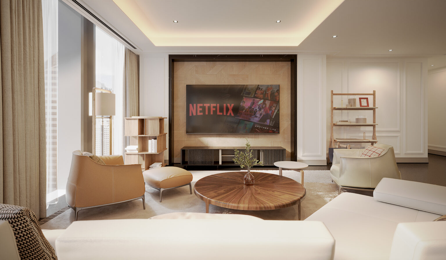 Living room with classical wall panelling, travertine media wall and tan leather armchairs in a Bangkok luxury apartment
