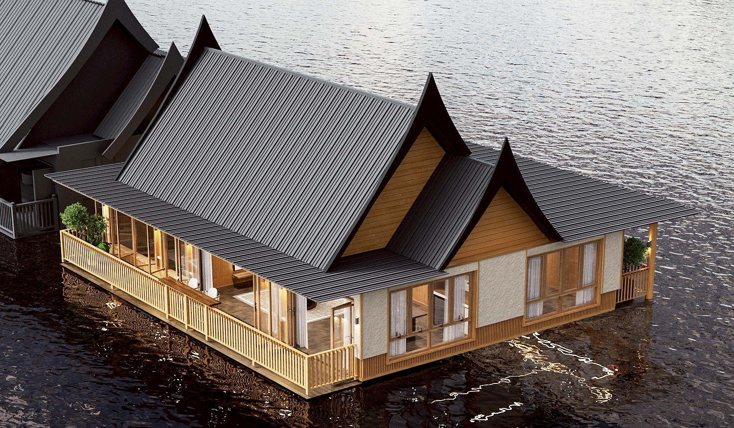 River Kwai Village floating villa — twin-gabled Thai-style villa with timber verandah railings resting on the river, architecture and interiors by Gratitude Design