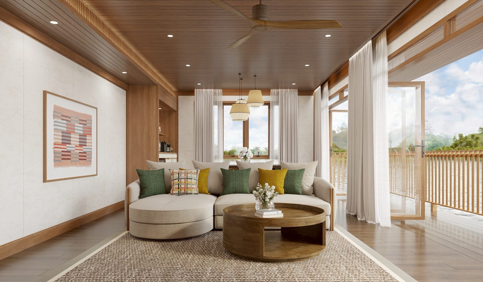 Living room of a floating villa opening onto a river verandah