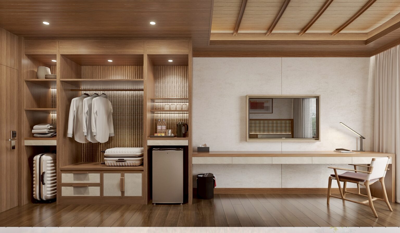 Teak wardrobe and desk joinery in a floating villa bedroom