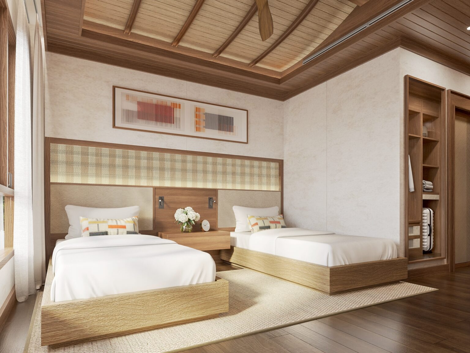 Twin bedroom with platform beds in a floating villa, River Kwai