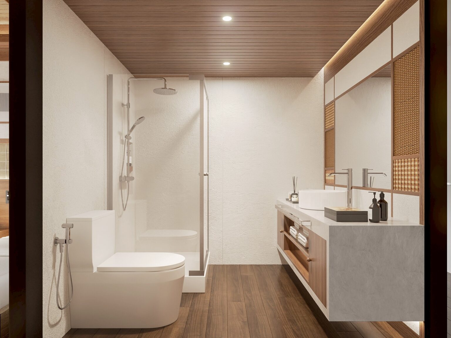 Second bathroom with shower and vanity in a floating villa